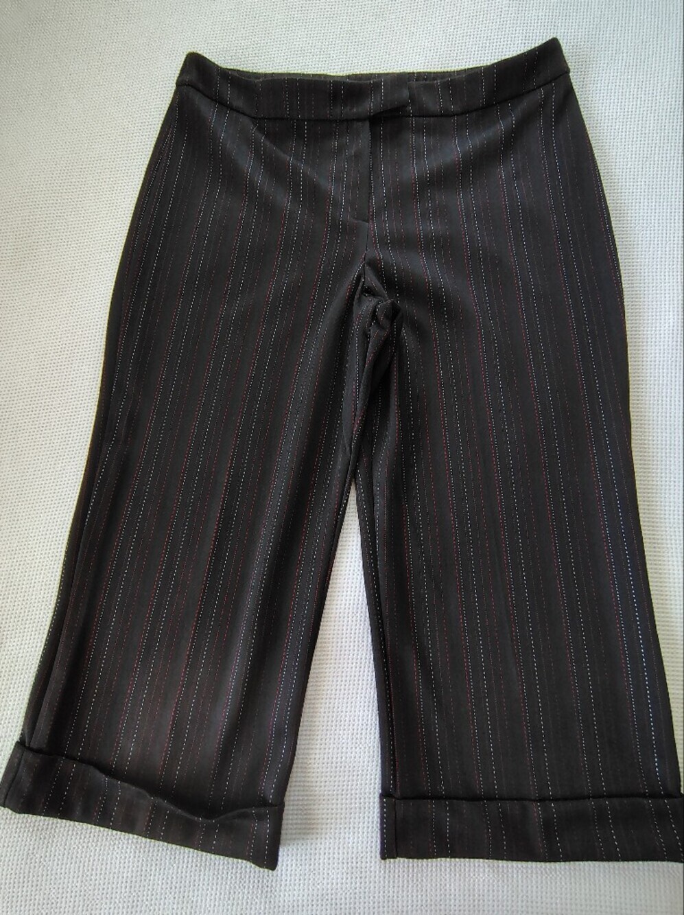 New York & Company Black Pinstripe Pants with Red Accent Dots
